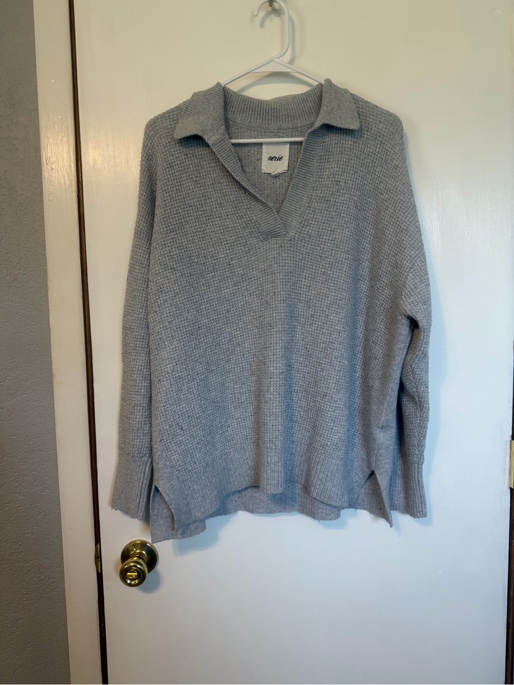 aerie Heather Gray Collared V-Neck Knit Sweater